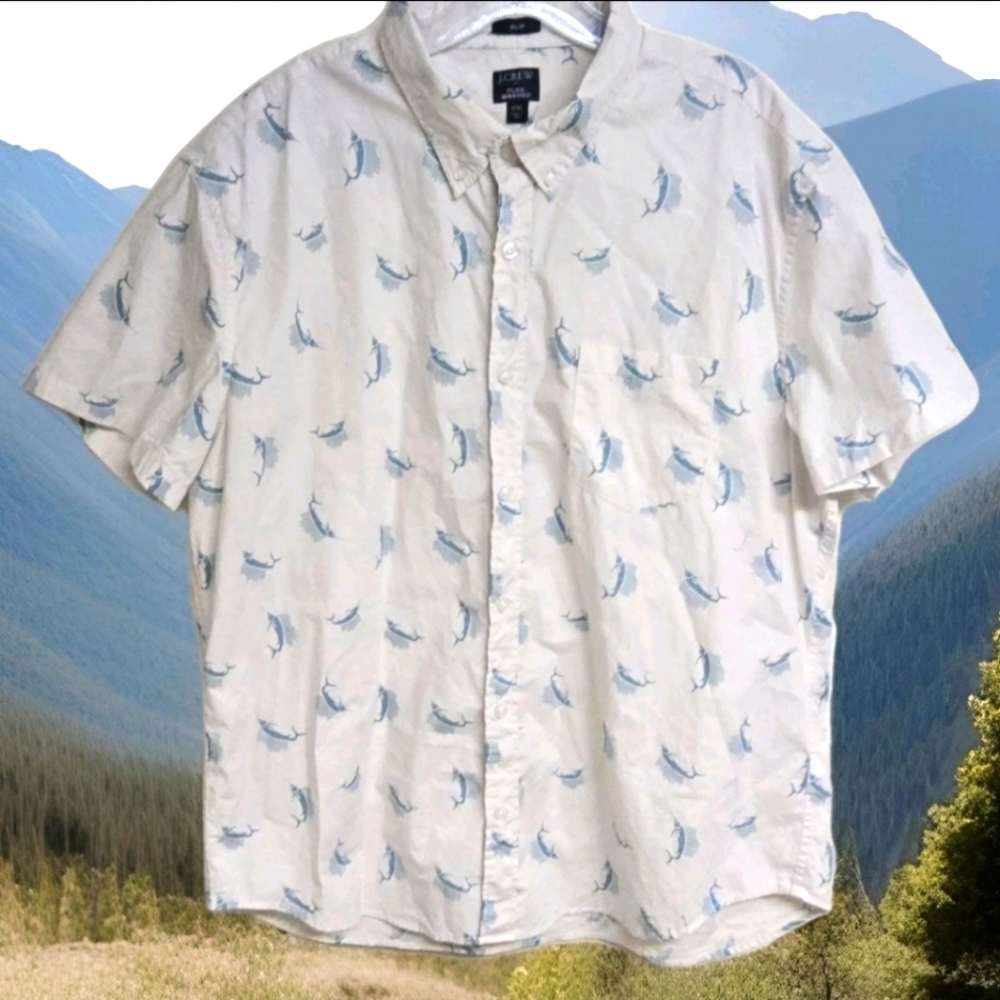 J.Crew Men's Shirt White / Blue Sailfish Marlin Print XXL Short Sleeve. Fishing